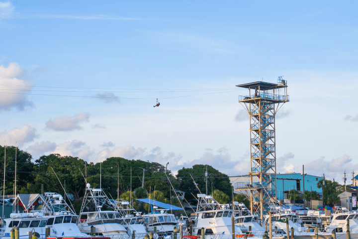 Person ziplining from a tall tower over a marina with several boats.