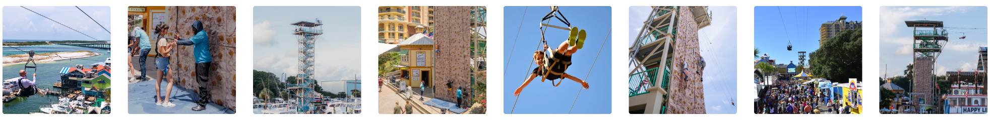 Images feature zipline, climbing wall, tower, and crowds at HarborWalk Village